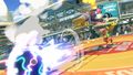 Min Min firing a fully-charged Megawatt against Captain Falcon on Spring Stadium in Super Smash Bros. Ultimate.
