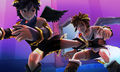 Dark Pit kicking Pit away. Note: There appears to be an error (or was possibly still in development) in this screenshot as the Mirror of Truth is not broken as seen in the background.