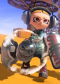 An Octoling with Inkling-exclusive hair and eyebrow styles wielding a Nautilus 47 in an official advert