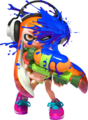 An orange female Inkling getting hit with blue ink.