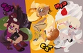 Promotional artwork for the Red Bean Paste vs. Custard vs. Whipped Cream Splatfest with the middle Inkling wearing the Honey & Orange Squidkid V.