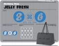 The logos and a shopping bag for Jelly Fresh, from The Art of Splatoon.