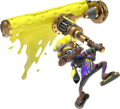 An Octoling using the Gold Dynamo Roller