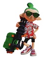 A male Inkling wearing the Red 3-Straps, posing with a Heavy Splatling.