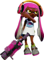 An Inkling girl wearing the B-ball Jersey (Away) while holding a .52 Gal Deco