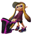A female Inkling holding a Slosher.