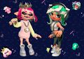 An Inkling girl wearing the Pearlescent set and an Octoling girl wearing the Marinated set.