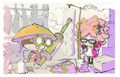 Official art of Moe, Annie, and Sheldon as a promo for Version 2.2.0 of Splatoon. Note the similarity between Moe and the Luna Blaster.