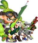 render of 4 green Inklings with weapons facing right