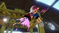 A female Inkling wearing the White 3-Straps attacks with a Sploosh-o-matic 7.
