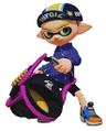 A promotional image of an Inkling wearing the Orange Arrows while holding a Slosher.