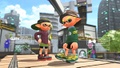 Promo for gear in Splatoon 2, with a female Inkling wearing the Piranha Moccasins.