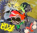 Alternate art from Ask the Developer Vol. 7, Splatoon 3 – Chapter 1. It has some small differences, such as the member on the right's hoodie, the middle member's shirt pattern and earrings, as well as different text.