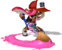 pink-haired Inkling girl wearing a mesh hat, rolling with an inkbrush