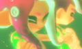 Agent 8 and another Octoling floating in green liquid as seen in the DLC trailer.