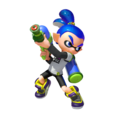 More official art of a similar male Inkling wearing the Purple Hi-Horses, also wielding a Splattershot.