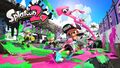 Expanded box art of Splatoon 2, with an Inkling (far left) wearing the Half-Rim Glasses.