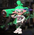Another male Inkling wearing the Soccer Headband, holding a Krak-On Roller.