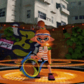 Animation of an Inkling wearing the Soccer Headband, using the "C'mon" signal with a Soda Slosher.