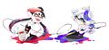 Promo art of Callie and Marie for the Pokémon Red vs. Pokémon Blue Splatfest event.
