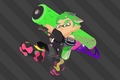 Art of a male Inkling wearing the Yellow-Mesh Sneakers, attacking with a Splat Roller.