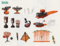 Concept art of various sub weapons, with the Squid Beakon at the lower left.
