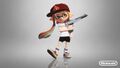 Promo image of another female Inkling wearing the Squidvader Cap, posing with an N-Zap '85.