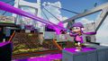 A female Inkling wearing the LE Soccer Shoes fires a Berry Splattershot Pro.