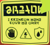 A yellow warning sign found in Cozy & Safe Factory