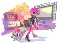 Promo art of Callie for the Callie vs. Marie Splatfest with a Firefin sticker on her suitcase.