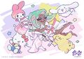 Pearl and Marina with Hello Kitty, Cinnamoroll, My Melody, and Pompompurin.