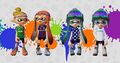 Another female Inkling (second from right) wearing the Icy Down Boots.