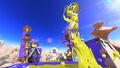 An Inkling performing a "squid surge", with a Gold Dynamo Roller player behind them