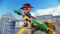A male Inkling wearing the Tan Work Boots holds a Bento Splatterscope.