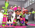 Three male Inklings, holding an Inkzooka, Splattershot (and Disruptor), and Splat Roller, respectively.
