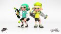 Promotional render of two Inklings wearing the Nike Air Max 270s and Nike Air Max 95s, along with an unreleased version of the Splatfest Tee.