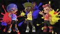 Promotional image showcasing two Octolings and an Inkling equipped with Splatfest Tees
