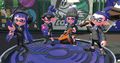 Another image of an Inkling team wearing the Sennyu gear sets. The Sennyu Inksoles are seen worn by the Inkling second from the left.