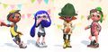 A female Inkling wearing the Suede Nation Lace-Ups in a Version 3.0.0 (Splatoon 2) promo, on the far right.