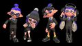 Four Inklings wearing the Sennyu gear set. The Sennyu Inksoles are worn by the third Inkling from the left.