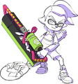 Official art of an Inkling wearing the Fake Contacts, holding a Carbon Roller Deco.