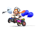 The female Inkling racer on a Splat Buggy using a Blooper, which is also a squid.