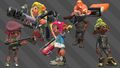 Playable Octolings wearing different gear and wielding various weapons.