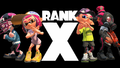A female Inkling (second left) wearing the Honey & Orange Squidkid V, promoting Rank X.