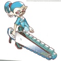Concept art from The Art of Splatoon 3 of an inkling wearing Shiver's Amiibo gear holding a Splatana Stamper