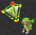 The Inkling throwing a Splat Bomb and holding the Splattershot Jr.