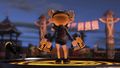 An Inkling girl posing with the Glooga Dualies Deco in Camp Triggerfish at night