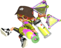 A yellow green male Inkling tossing some Splat Bombs