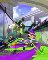 An Inkling boy and Inkling girl fighting. The Inkling boy is wielding the Inkbrush.