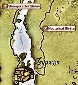 Sheogorath's shrine is off the road north and west of Leyawiin. Likewise Nocturnal is off the road east of Leyawiin